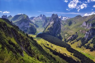 View of Alpstein with mountains Altmann and Säntis, Appenzell Alps, Canton Appenzell Innerrhoden,