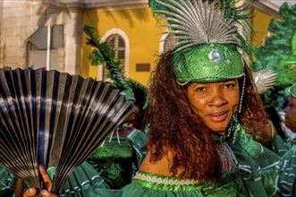 Happy, colourful costumed people. Carnival. Mindelo. Cabo Verde. Africa