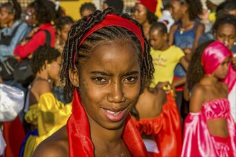 Portrait of colourful costumed, pretty woman. Carnival. Mindelo. Cabo Verde. Africa