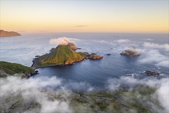 View from Mount Bufjellet towards the coast near Nykvag, Langoya Island, Vesteralen Archipelago,