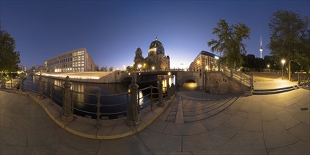 Berlin Cathedral, Humboldt Forum and TV Tower in 360Â° panoramic view at night, Berlin, Germany,