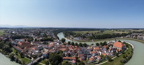 Drone shot, Art Nouveau Salzach bridge between Oberndorf bei Salzburg and Laufen an der Salzach,