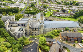 Bodmin Jail and Bodmin Luxury Hotel from a drone, Bodmin Moor, Cornwall, England, UK