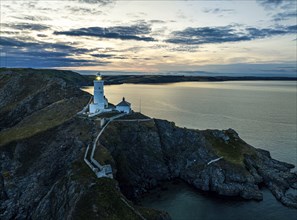 Sunset over Start Point Lighthouse from a drone, Trinity House and South West Coast Path, Devon,