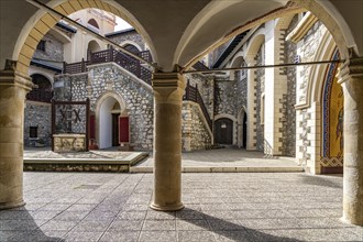 Inner courtyard of Kykkos Monastery in the Troodos Mountains, Cyprus, Europe