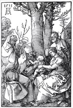 The Holy Family with Joachim and Anna, woodcut by Albrecht Dürer, historical, digitally improved