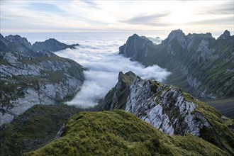 Alpstein, valley of Meglisalp at sunrise, high fog in the valley, Säntis, Appenzell Ausserrhoden,