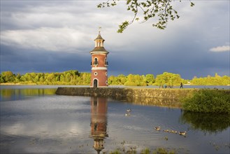 Lighthouse at the Fasanenschlösschen in Moritzburg with thunderstorm sky