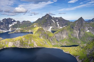 Mountain landscape with steep rocky peaks and lake Tennesvatnet and Krokvatnet, in the back peak of