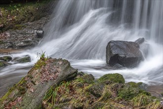 Beautiful fresh mountain waterfall in a wild and remote valley in winter. Vosges, Bas-Rhin,