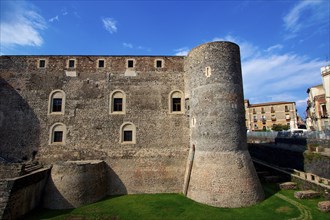 Castello Ursino, lawn, houses, castle complex, cooled lava, Catania, Old Town, Baroque Old Town,