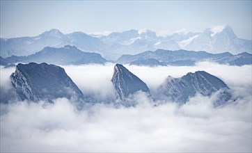 Churfirsten, high fog in the valley, view from Säntis, Appenzell Ausserrhoden, Appenzell Alps,