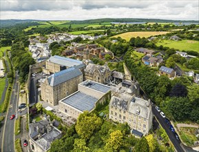 Bodmin Jail and Bodmin Luxury Hotel from a drone, Bodmin Moor, Cornwall, England, UK