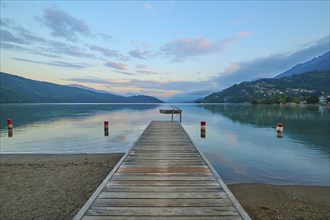 Lake shore, reflection, wooden jetty, sky, clouds, twilight, sunrise, summer, Lake Millstatt,