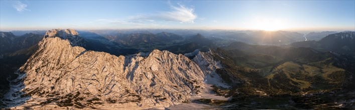 Alpine panorama, aerial view, evening mood in the mountains, view of Schaffauer, Wilder Kaiser,