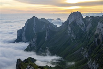 Alpstein, valley of Meglisalp at sunrise, high fog in the valley, Säntis, Appenzell Ausserrhoden,