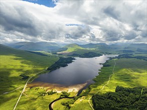 Loch Tulla and Beinn Dorain from a drone, Glen Coe, Highlands, Scotland, UK