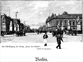 At the east entrance of the street Unter den Linden, Berlin, boulevard, horse-drawn carriages,