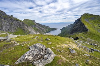 View of the fjord Djupfjorden and mountain landscape, hiking trail to Munkebu hut, Moskenesoya,