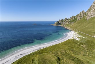 White sandy beach and mountains near Bleik, Andoya Island, Vesteralen, Norway, Europe