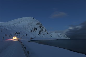 Tunnel passage on the island of Mageroya on the way to the wintry North Cape