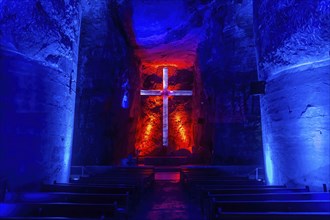 Giant salt cross in the Salt cathedral of Zipaquira, Colombia, South America