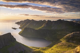 View of fjord and mountains, Husoy, Oyfjorden, Senja, Norway, Europe