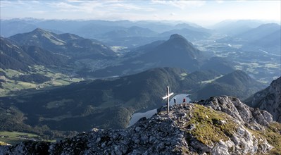 Aerial view, evening mood in the mountains, Schaffauer and Hintersteiner lakes, Wilder Kaiser,