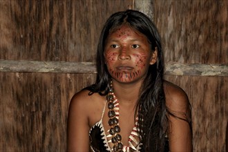 Portrait of an Indian woman from the Dessanos tribe with traditional paintings on her face, Rio