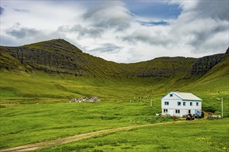 Lonely house in Gasadalur, Vagar, Faroe islands, Denmark, Europe