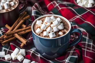 A close-up of a steaming cup of hot cocoa topped with marshmallows, surrounded by cinnamon sticks,