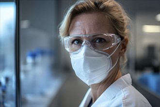 Middle aged female scientist with face mask and protective glasses in lab. Generative Ai, AI