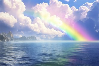 Beautiful rainbow with clouds on horizon with ocean. Generative AI, AI generated