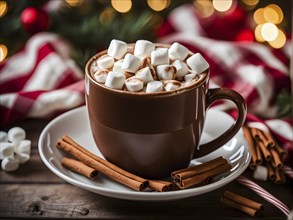 A close-up of a steaming cup of hot cocoa topped with marshmallows, surrounded by cinnamon sticks,