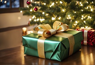 Close-up of a beautifully wrapped Christmas gift with a satin ribbon, set under a glowing Christmas