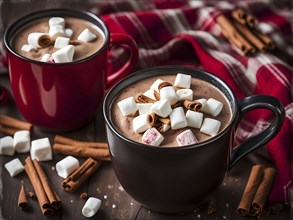 A close-up of a steaming cup of hot cocoa topped with marshmallows, surrounded by cinnamon sticks,