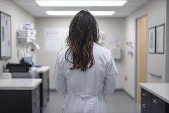 Back view of female doctor wearing lab coat in clinic. Generative Ai, AI generated