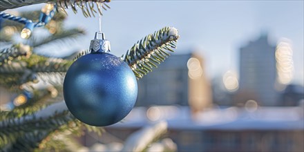 Christmas banner with single blue bauble ornament and blurry city in background. Generative Ai, AI