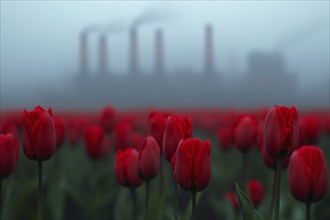 Field with red tulip flowers and factory with grey fumes in background. Generative Ai, AI generated