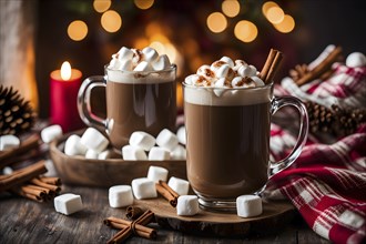 A close-up of a steaming cup of hot cocoa topped with marshmallows, surrounded by cinnamon sticks,