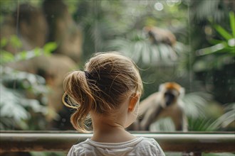 Back view of young girl child watching monkey in zoo behind glass. Generative AI, AI generated