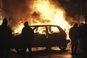 Burning car in street with rioting people at night. Generative Ai, AI generated