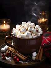 A close-up of a steaming cup of hot cocoa topped with marshmallows, surrounded by cinnamon sticks,