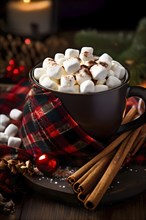 A close-up of a steaming cup of hot cocoa topped with marshmallows, surrounded by cinnamon sticks,