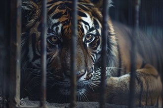 Close up of tiger in cage behind bars. Generative Ai, AI generated