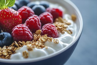 Close up of healthy breakfast bowl with yoghurt, granola, strawberry, raspberry and blackberry.