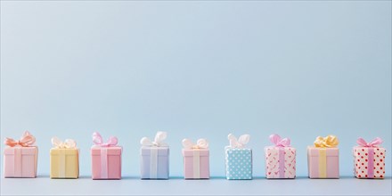 Small gift boxes on pastel blue background. Generative Ai, AI generated