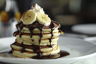 Stack of banana pancakes with chocolate sauce on plate. Generative Ai, AI generated