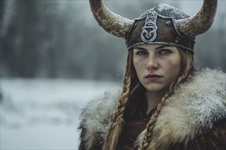 Blond female viking with horned helmet. Generative AI, AI generated