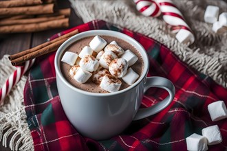 A close-up of a steaming cup of hot cocoa topped with marshmallows, surrounded by cinnamon sticks,